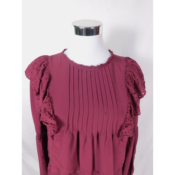 Knox Rose Boho Eyelet Blouse M Burgundy Ruffle Witchcore Top - Picture 2 of 12